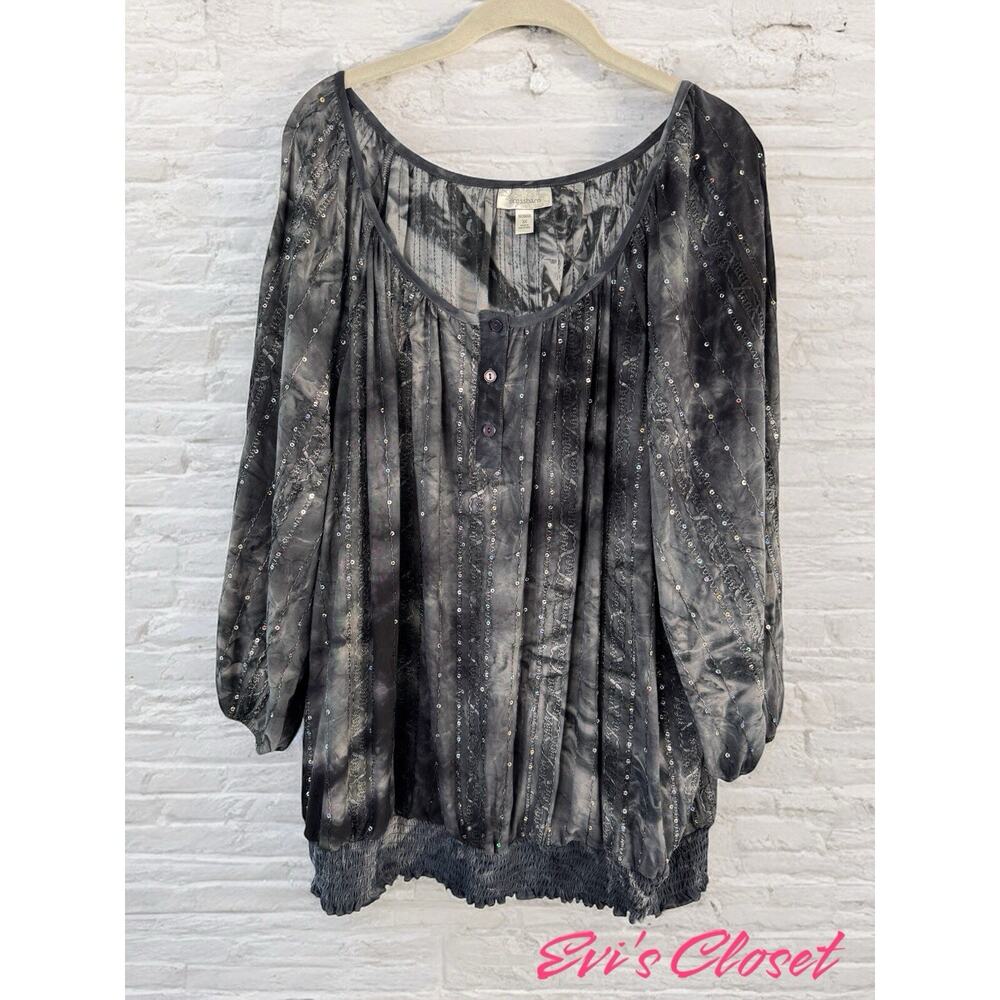 Dressbarn Women’s Size 3X Sequenced 3/4 Sleeve Grey Dark Grey Blouse Top Shirt